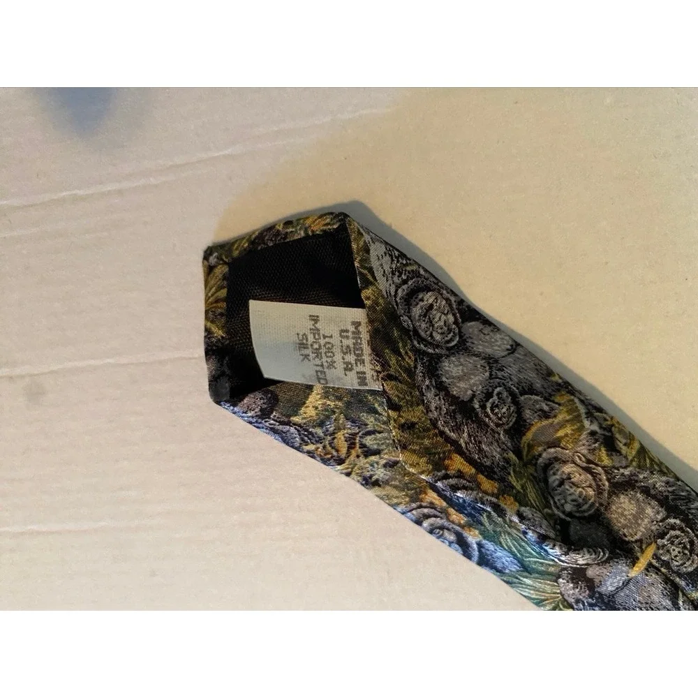 Endangered Species Mens Silk Tie Gorilla Jungle Animal Print Grey Green USA Made